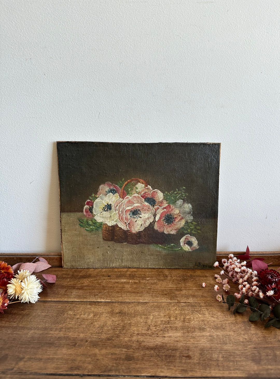 Peinture sur toile fleurs roses et blanches dans panier en osier