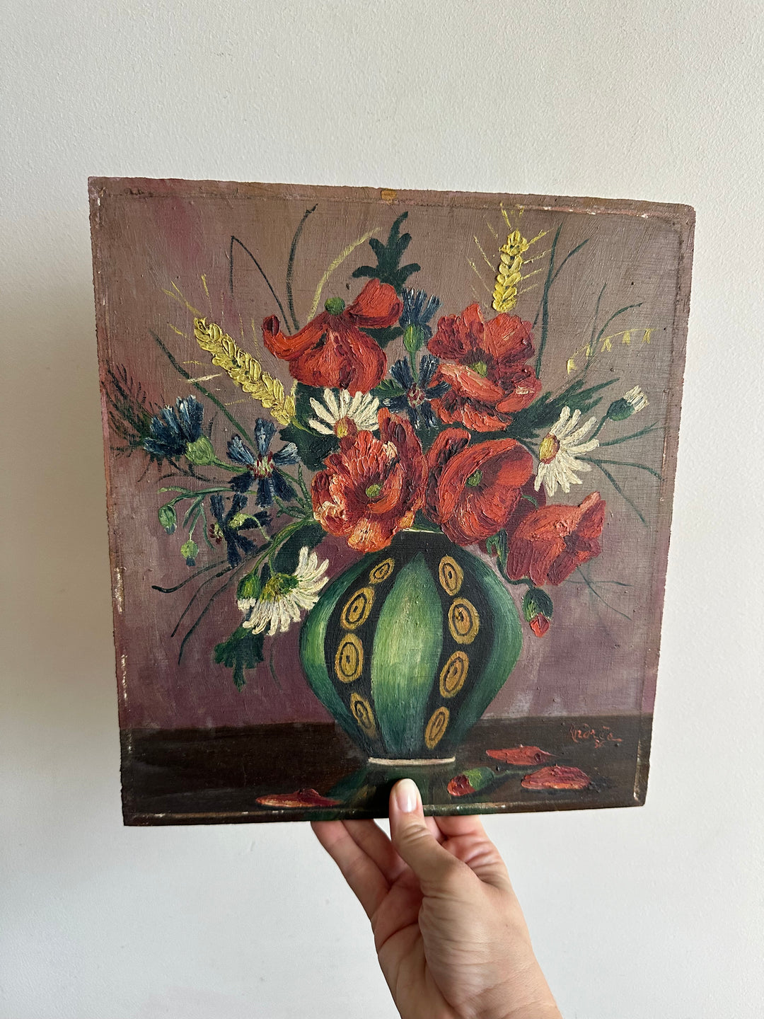 Peinture bouquet de fleurs sur bois signée année 1936