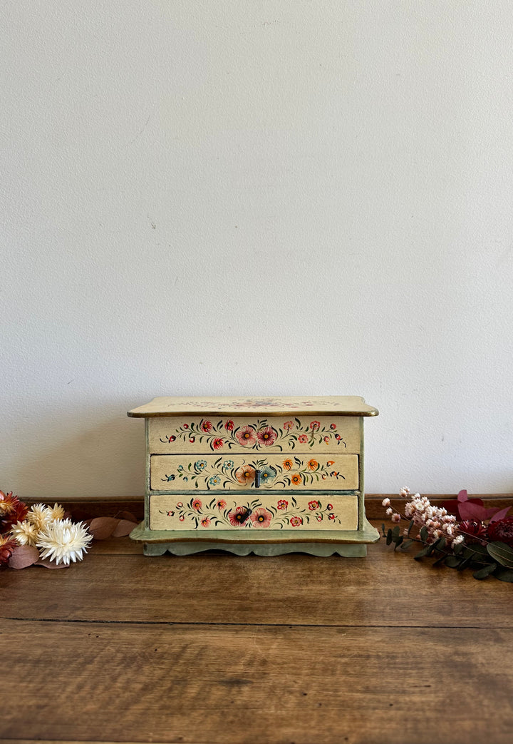 Coffret avec miroir en bois deux tiroirs motifs fleurs