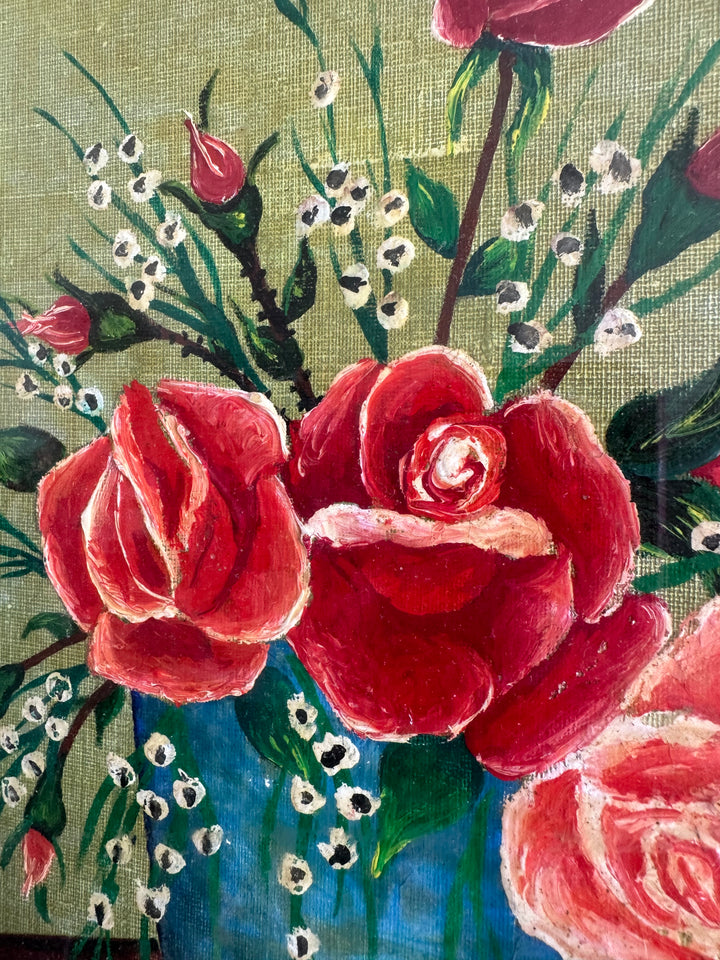 Peinture signée encadrée roses et muguet fond vert