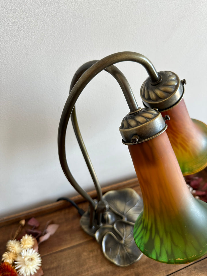 Lampe à deux têtes style Art Nouveau verre orangé et vert