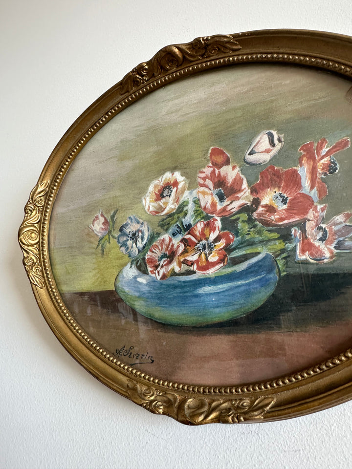 Peinture bouquet de fleurs dans corbeille signée 1936 cadre en bois sculpté