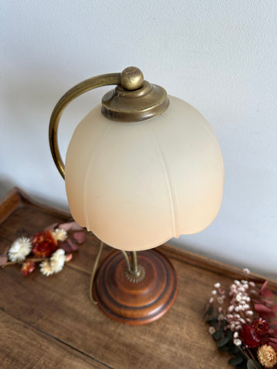 Lampe en laiton et bois globe tulipe couleur pêche poudrée