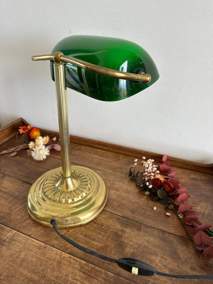 Lampe de notaire métal doré opaline verte