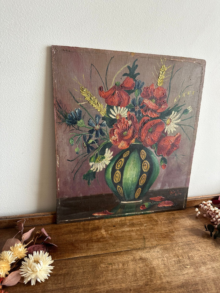 Peinture bouquet de fleurs sur bois signée année 1936