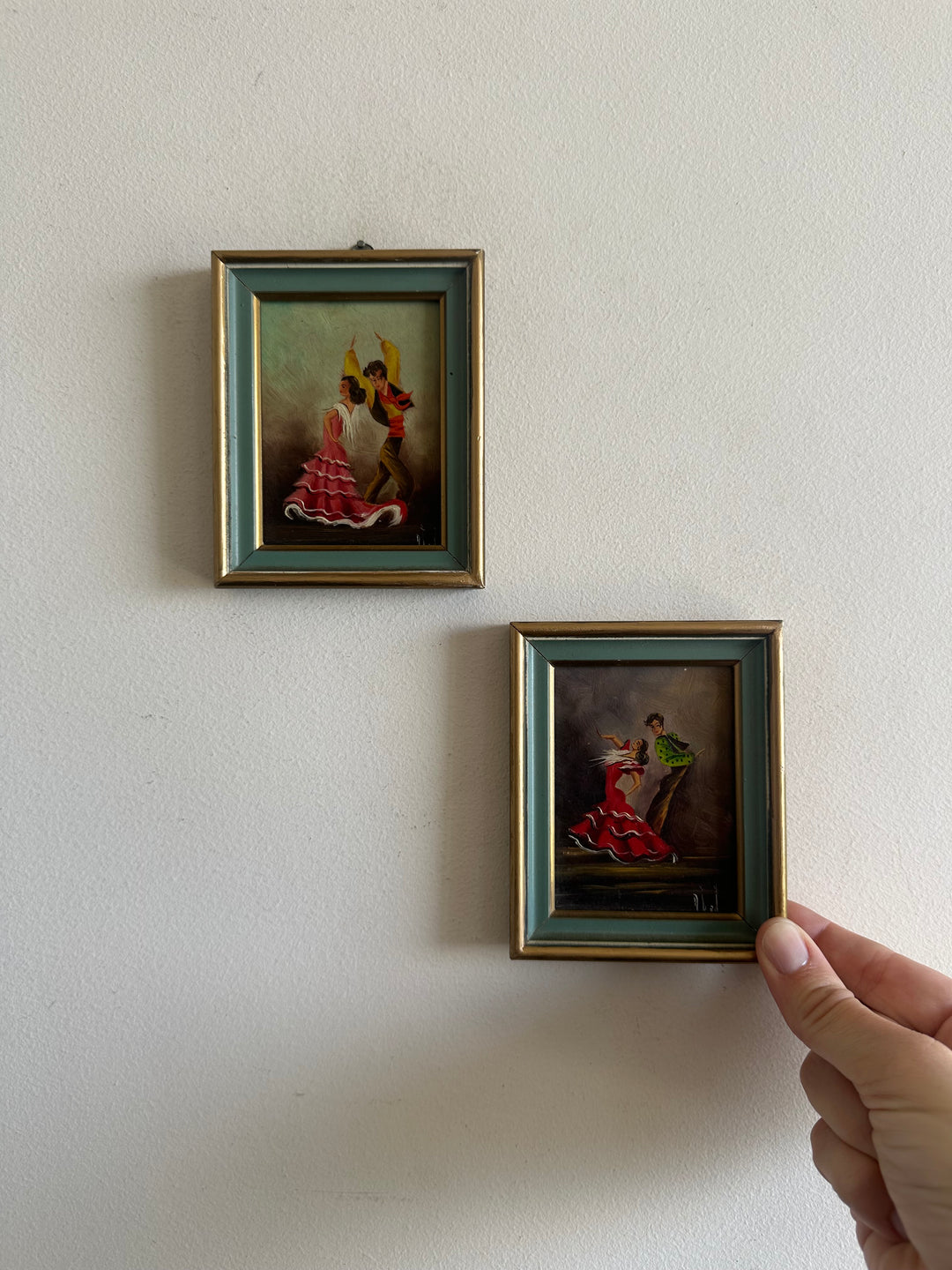 Peintures à l'huile danseurs de flamenco cadre en bois or et bleu