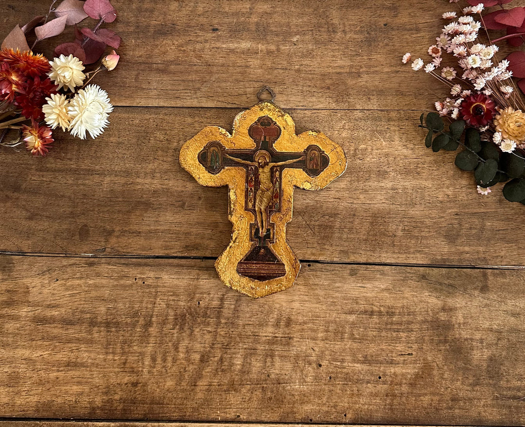 Icône crucifix en bois doré 1950