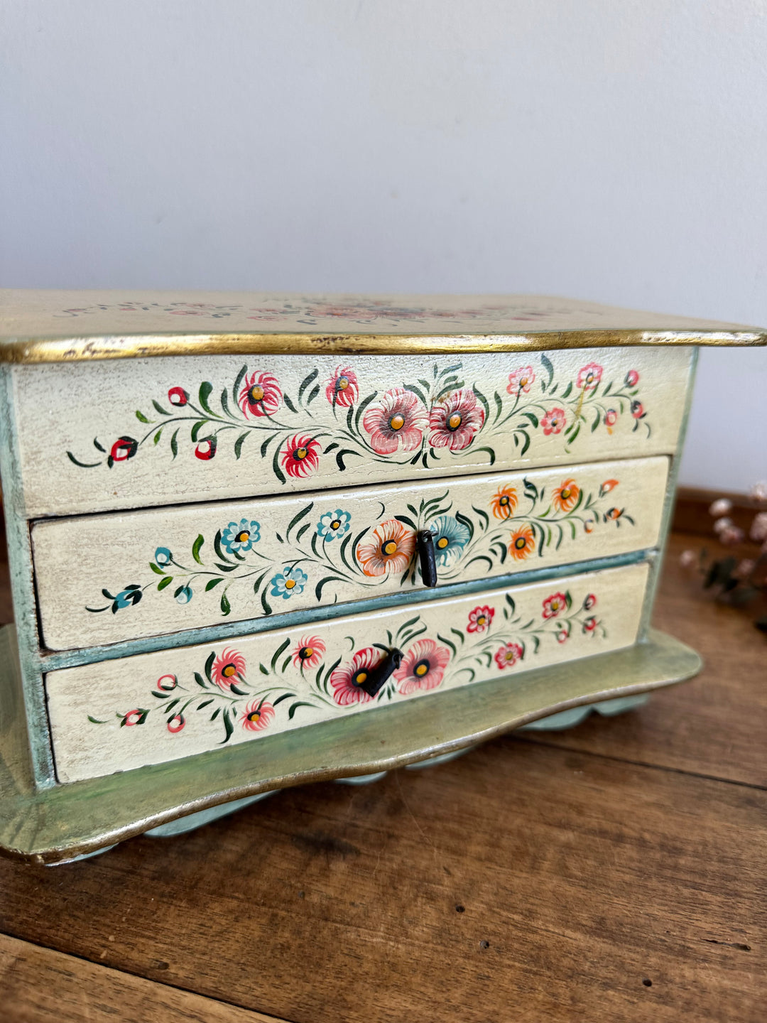 Coffret avec miroir en bois deux tiroirs motifs fleurs