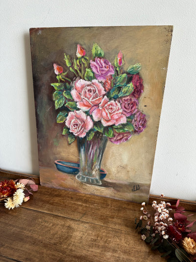 Peinture bouquet de fleurs roses et violettes années 40