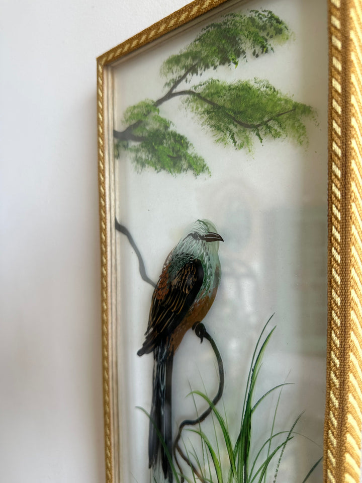 Peinture sur planche de verre oiseaux sur leurs branches