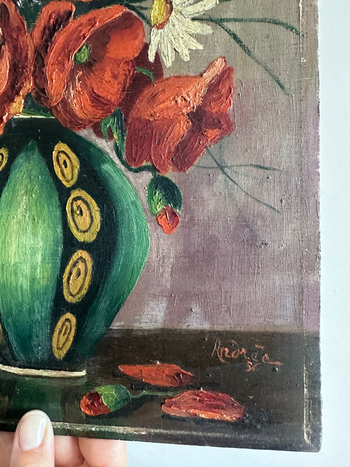 Peinture bouquet de fleurs sur bois signée année 1936