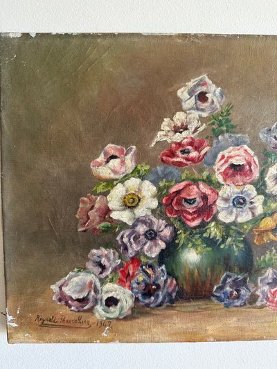 Peinture sur toile bouquet de fleurs signée 1947