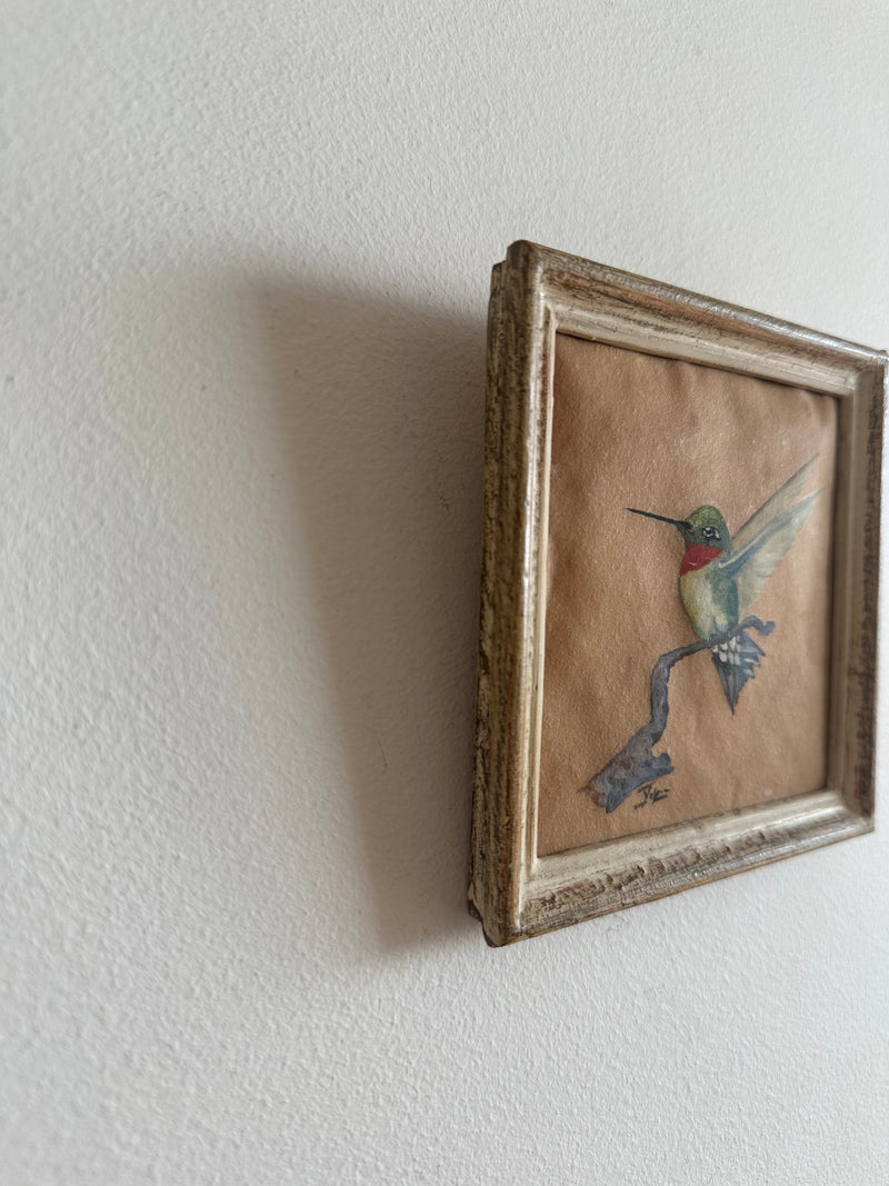 Colibri peint sur papier signé cadre en bois