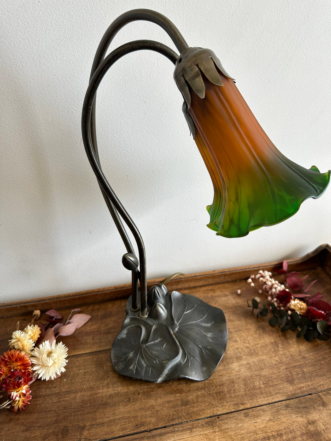 Lampe de chevet à deux têtes verre fumé vert et orange