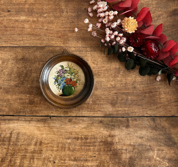 Peinture bouquet de fleurs dans petit médaillon en bois ébène