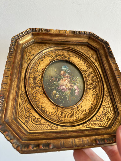 Peintures florales sur plaque de cuivre cadre en bois doré