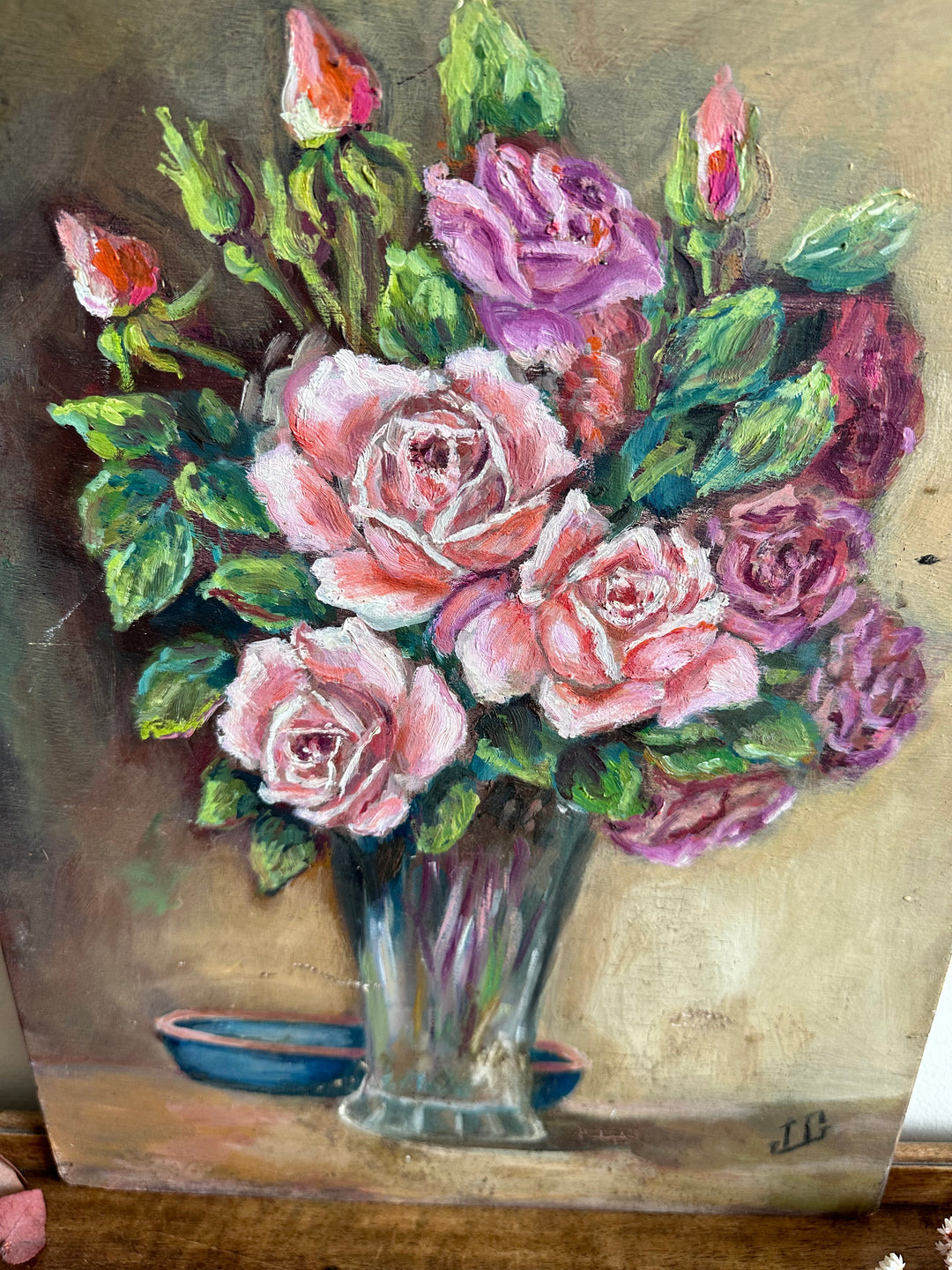 Peinture bouquet de fleurs roses et violettes années 40