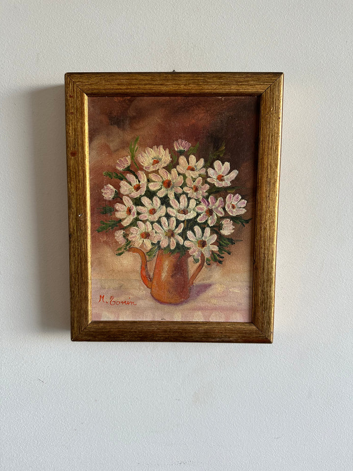 Peinture sur toile bouquet de marguerites signée 1983