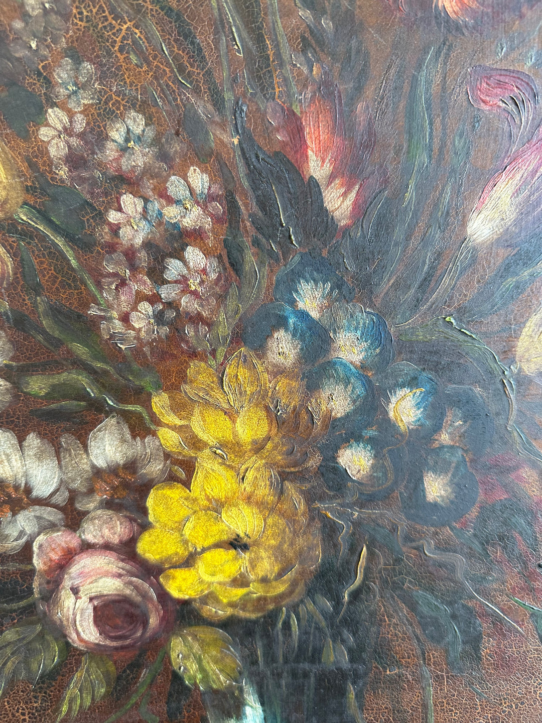 Peinture sur toile bouquet de fleurs encadrée signée années 1900 taille XL