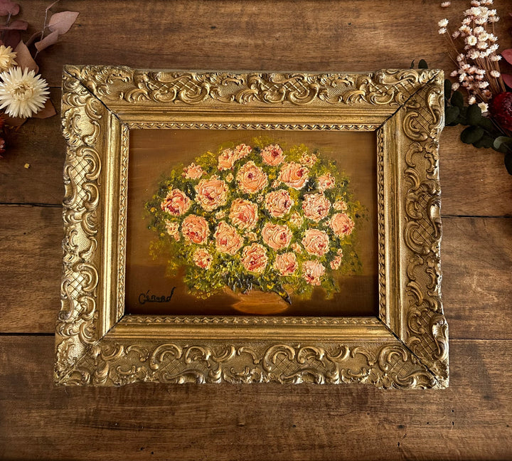 Peinture à l'huile sur toile bouquet de mille roses en fleurs années 1900