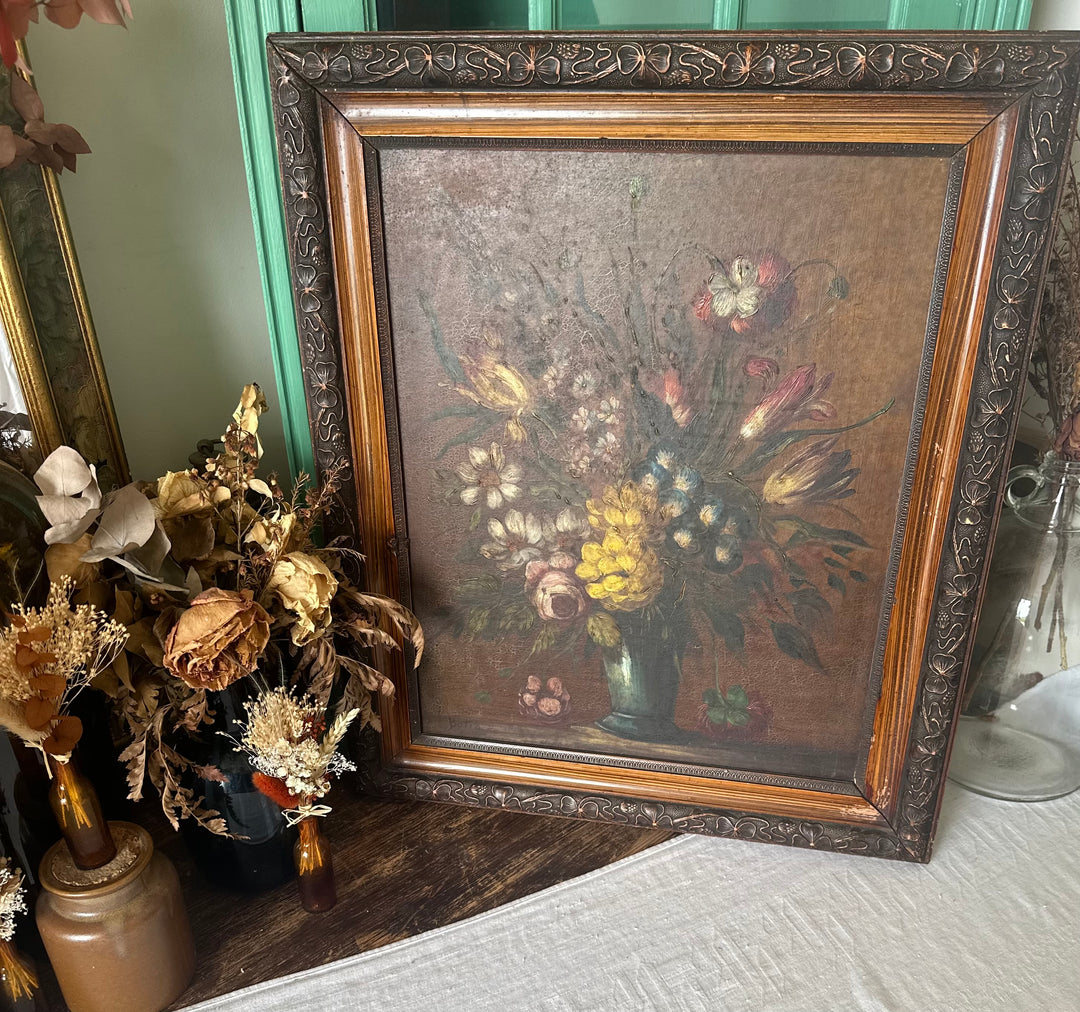 Peinture sur toile bouquet de fleurs encadrée signée années 1900 taille XL