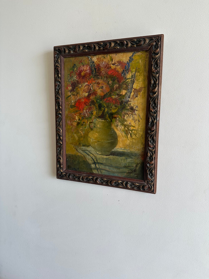 Peinture à l'huile signée Merlin bouquet de fleurs années 1940