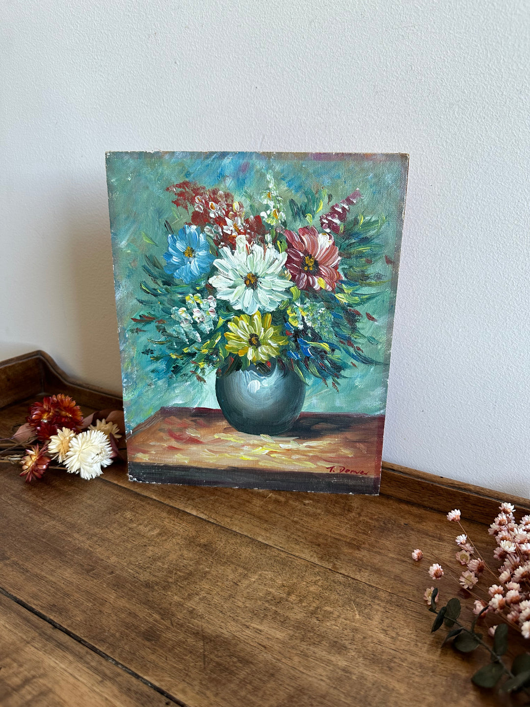 Peinture bouquet de fleurs sur toile avec fond bleu