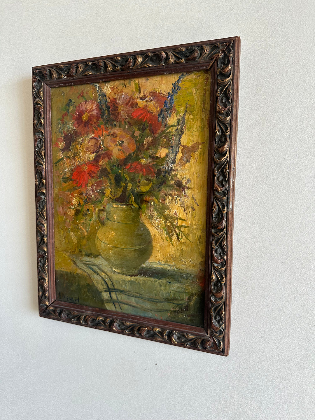 Peinture à l'huile signée Merlin bouquet de fleurs années 1940