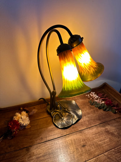 Lampe à deux têtes style Art Nouveau verre orangé et vert