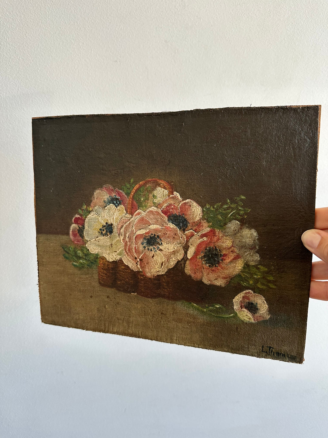 Peinture sur toile fleurs roses et blanches dans panier en osier