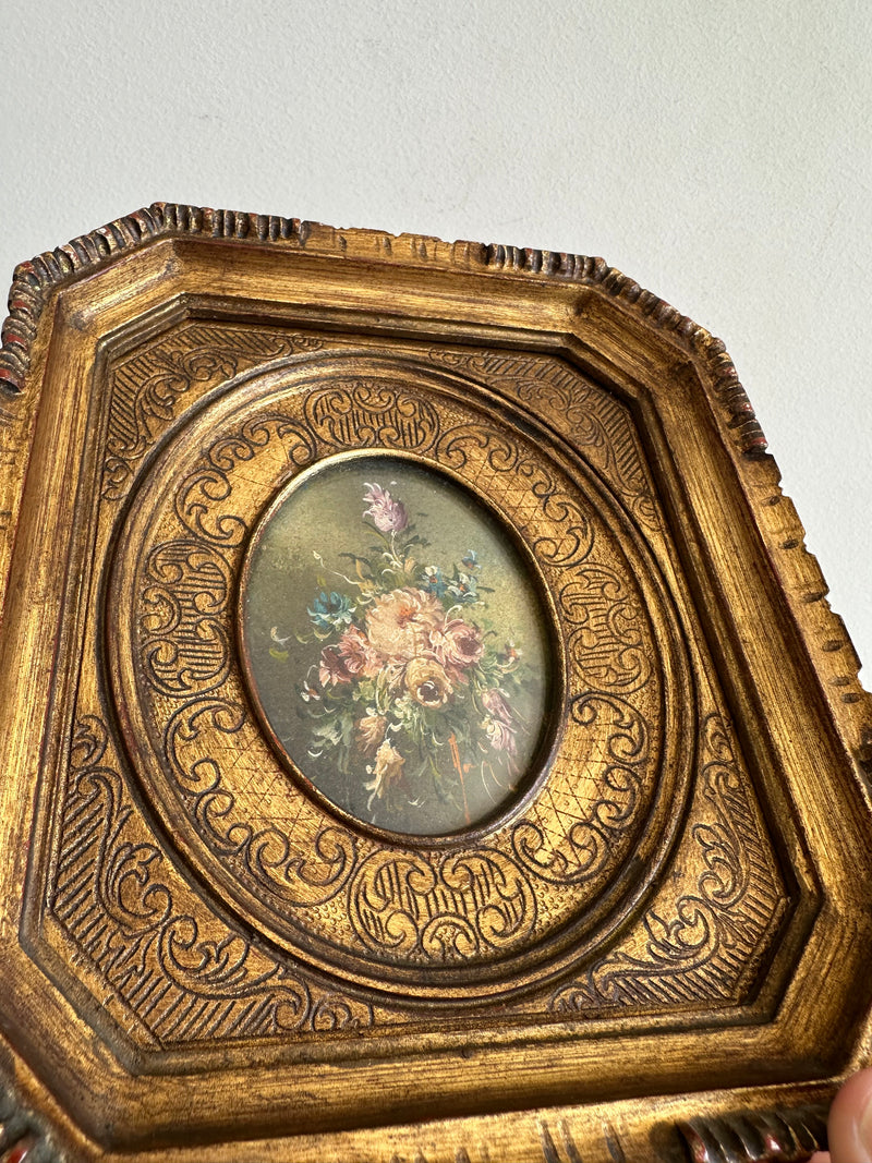Peintures florales sur plaque de cuivre cadre en bois doré