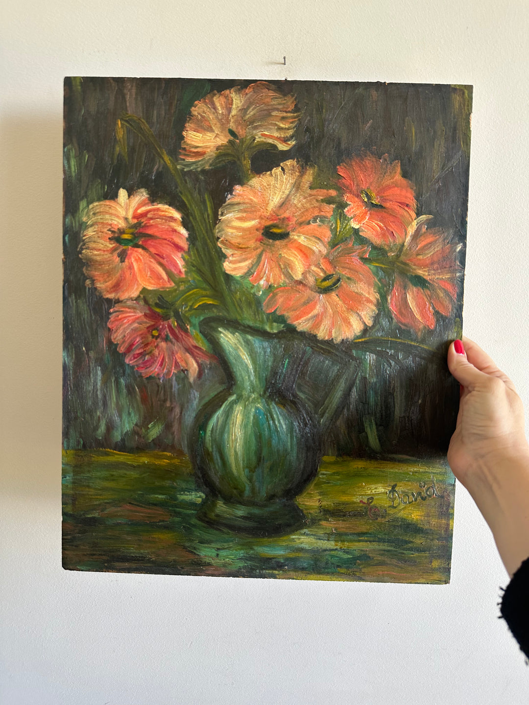 Peinture XL fleurs orangées dans vase vert signée 1922