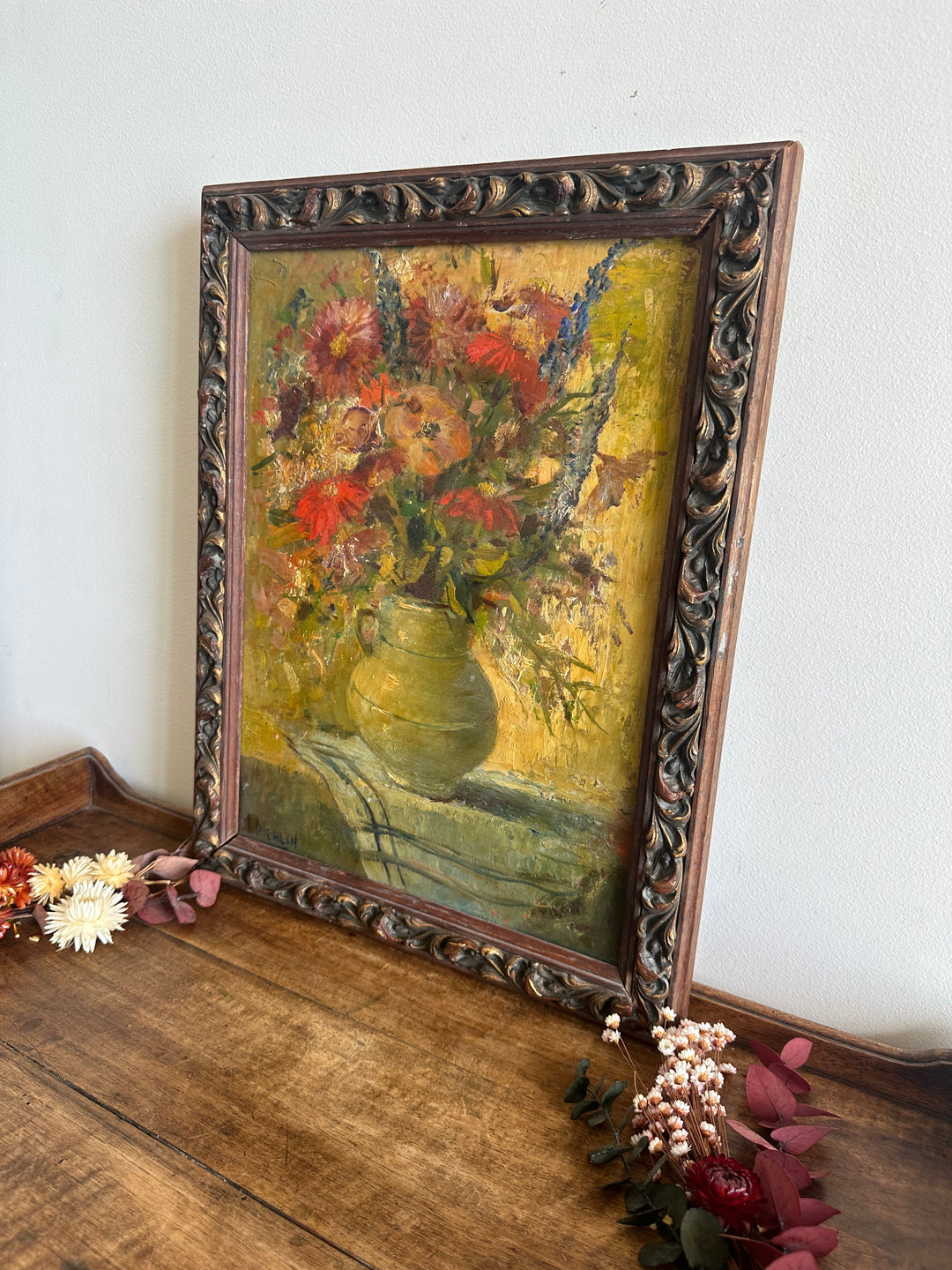 Peinture à l'huile signée Merlin bouquet de fleurs années 1940