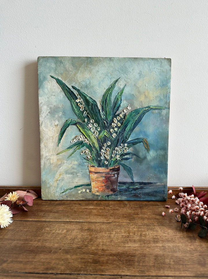 Peinture bouquet de muguet fond bleu ciel