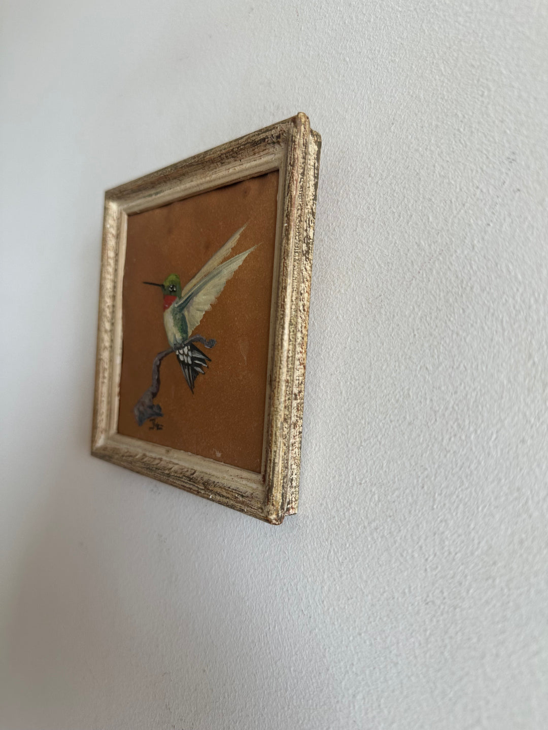 Colibri peint sur papier signé cadre en bois