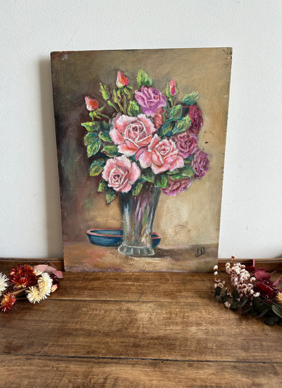 Peinture bouquet de fleurs roses et violettes années 40