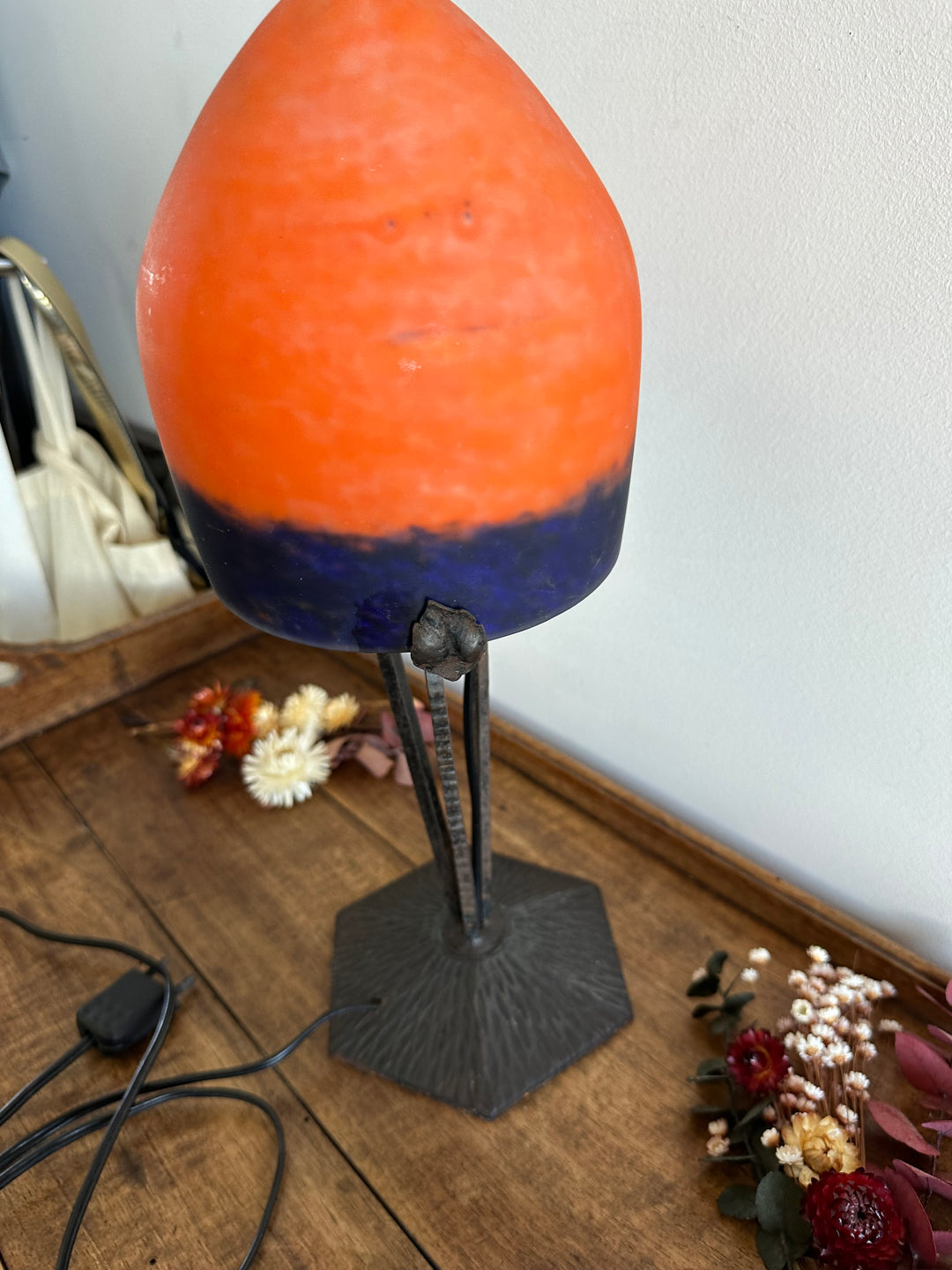 Lampe champignon en verre fumé orangé années 50