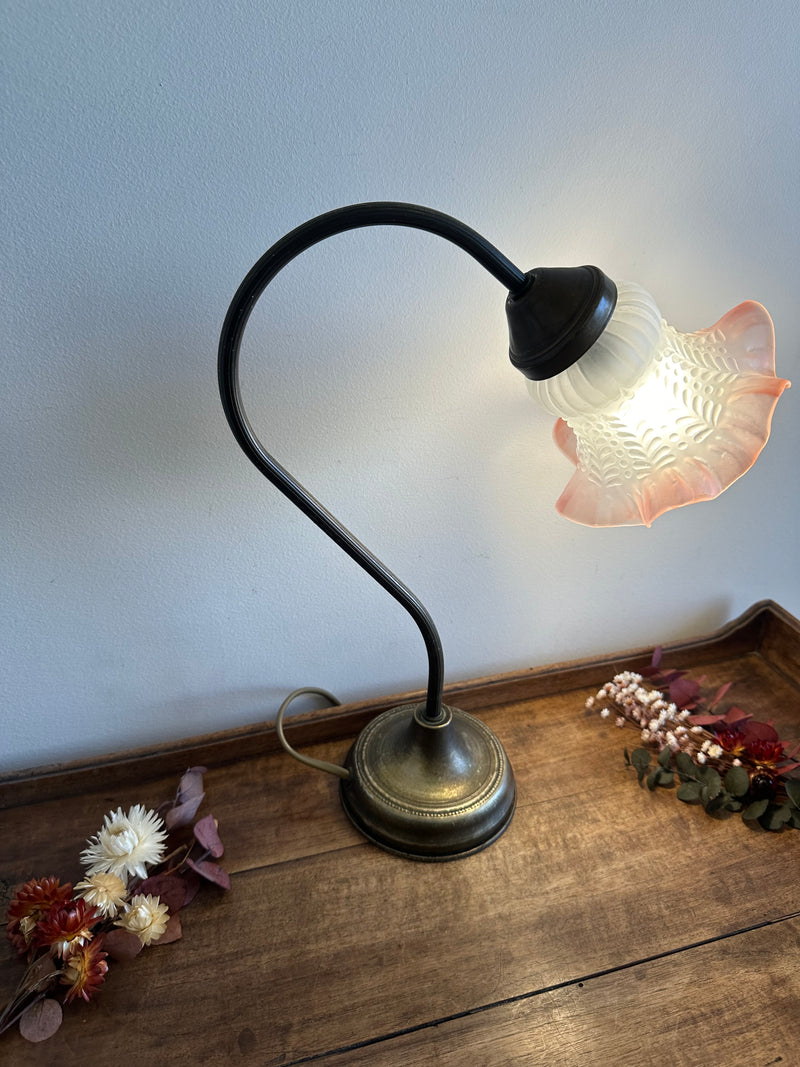 Lampe col de cygne en laiton globe tulipe couleur rose orangé