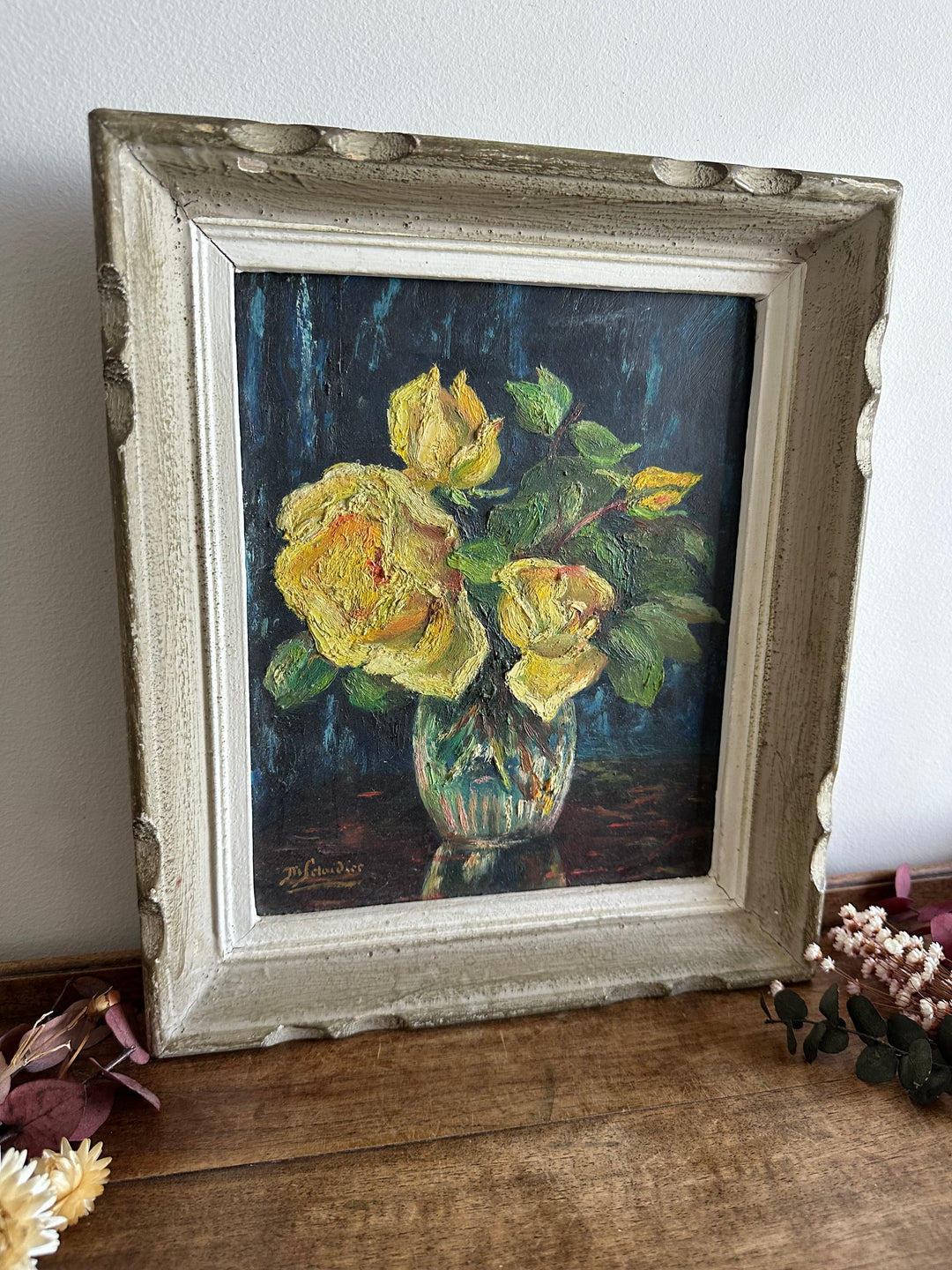 Peinture fleurs jaunes fond bleu nuit années 71