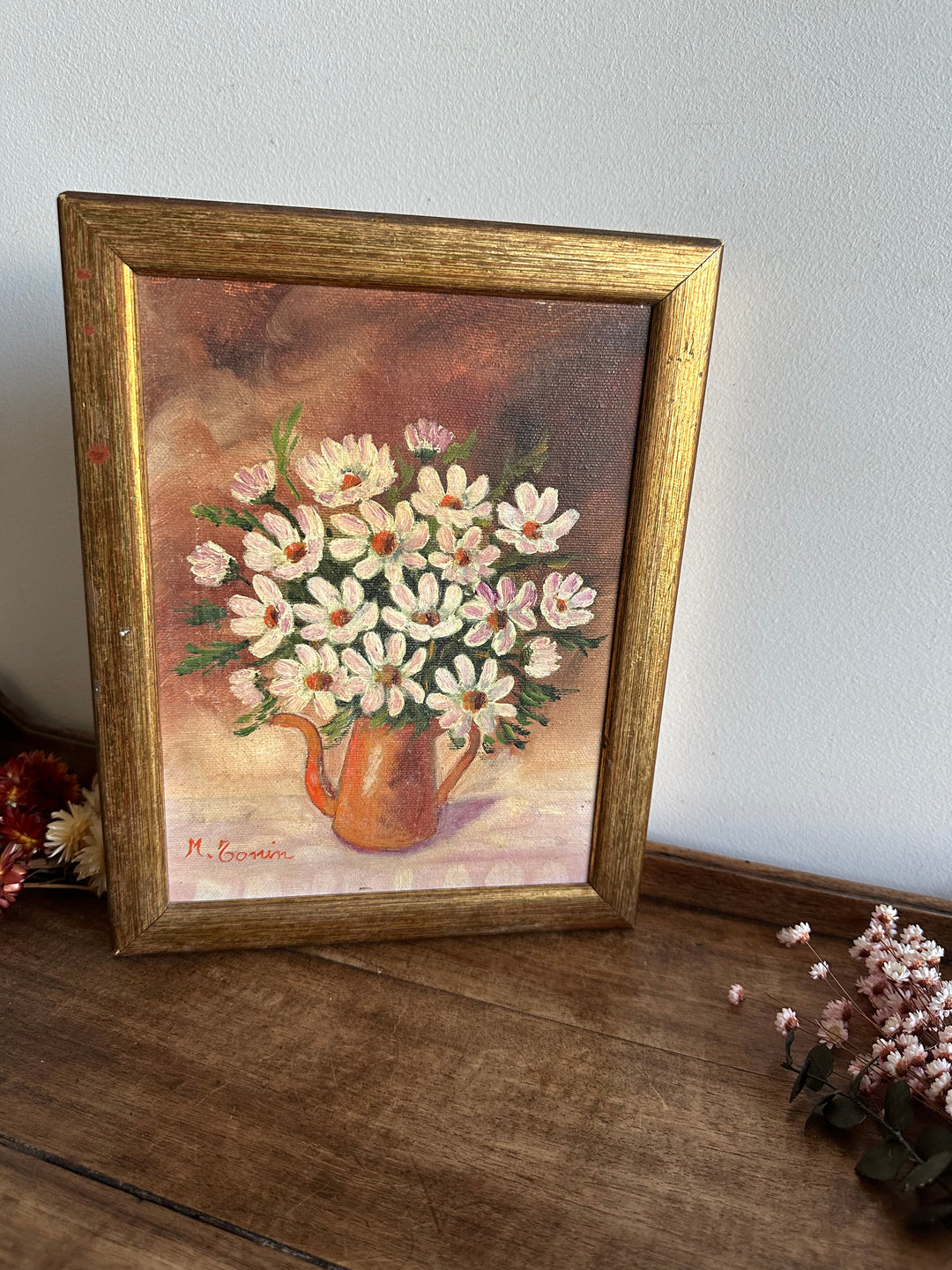 Peinture sur toile bouquet de marguerites signée 1983