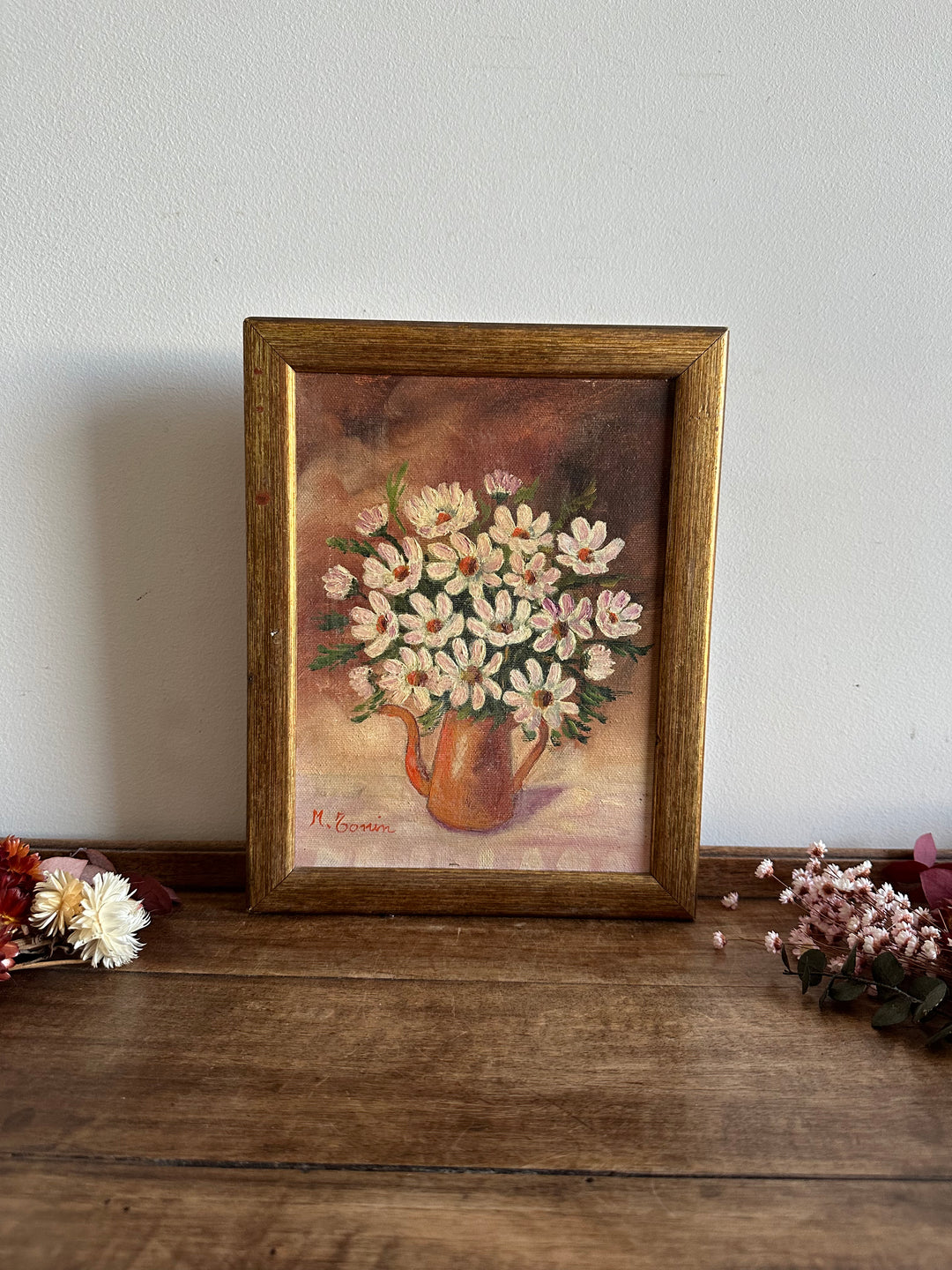 Peinture sur toile bouquet de marguerites signée 1983