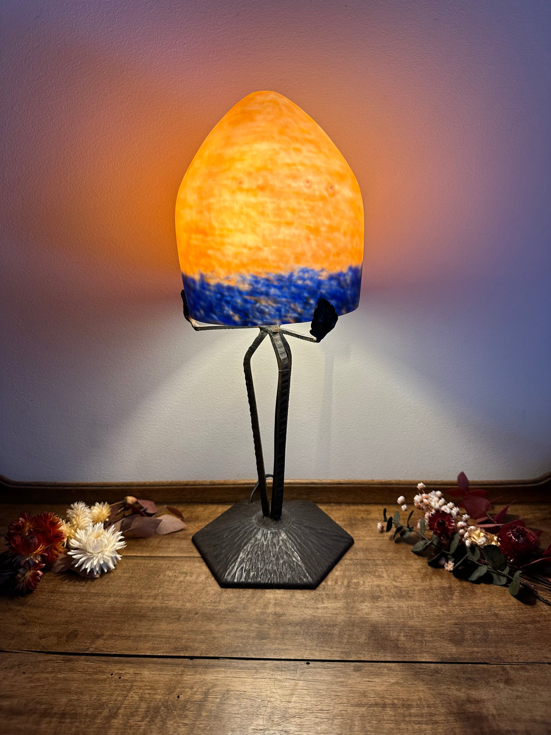 Lampe champignon en verre fumé orangé années 50