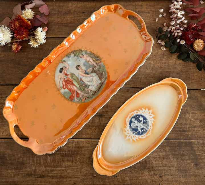 Plats de service en porcelaine de Tchécoslovaquie orange irisé