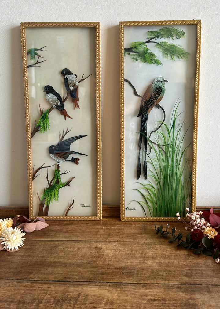 Peinture sur planche de verre oiseaux sur leurs branches