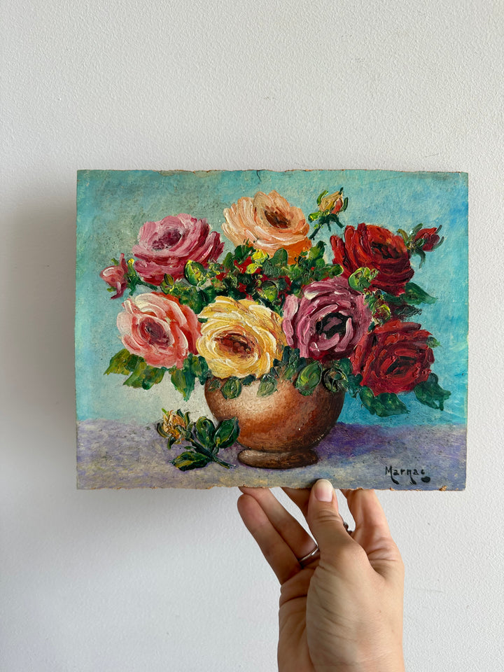 Peinture bouquet de fleur sur fond bleu tons roses orangés jaunes