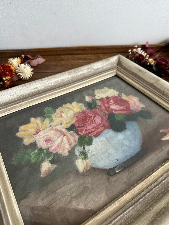 Peinture sur toile signée Gruner bouquet de roses jaunes et rouges