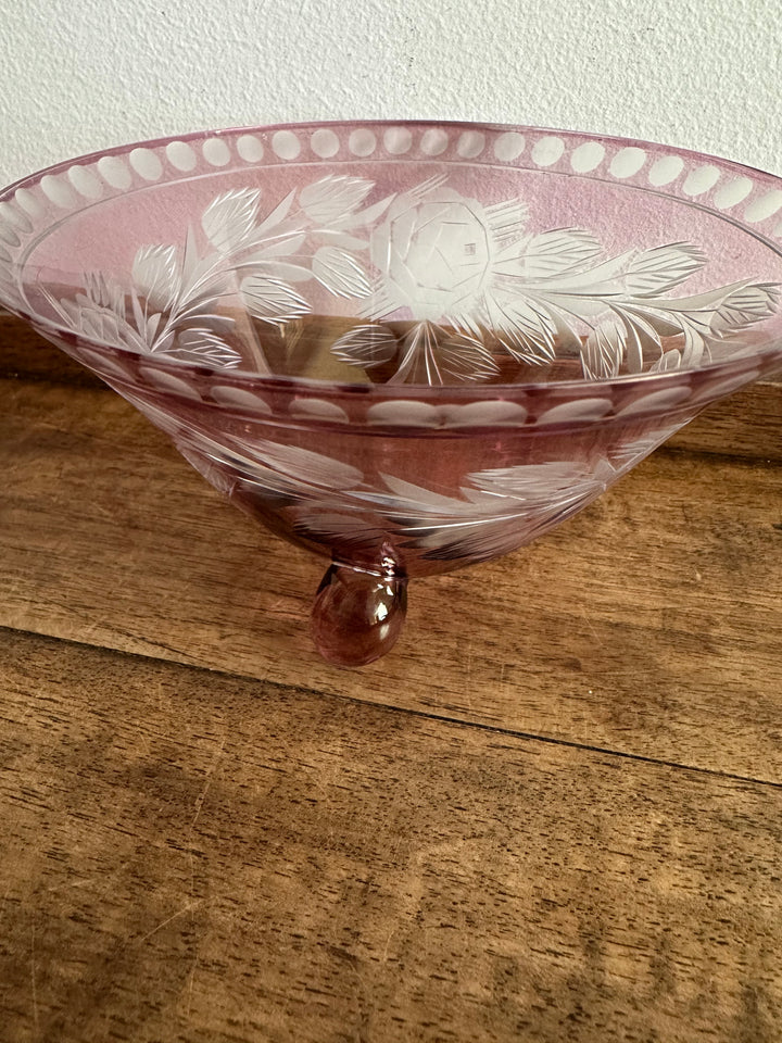 Coupelle rose gravée cristal de bohème