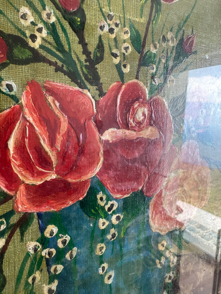 Peinture signée encadrée roses et muguet fond vert