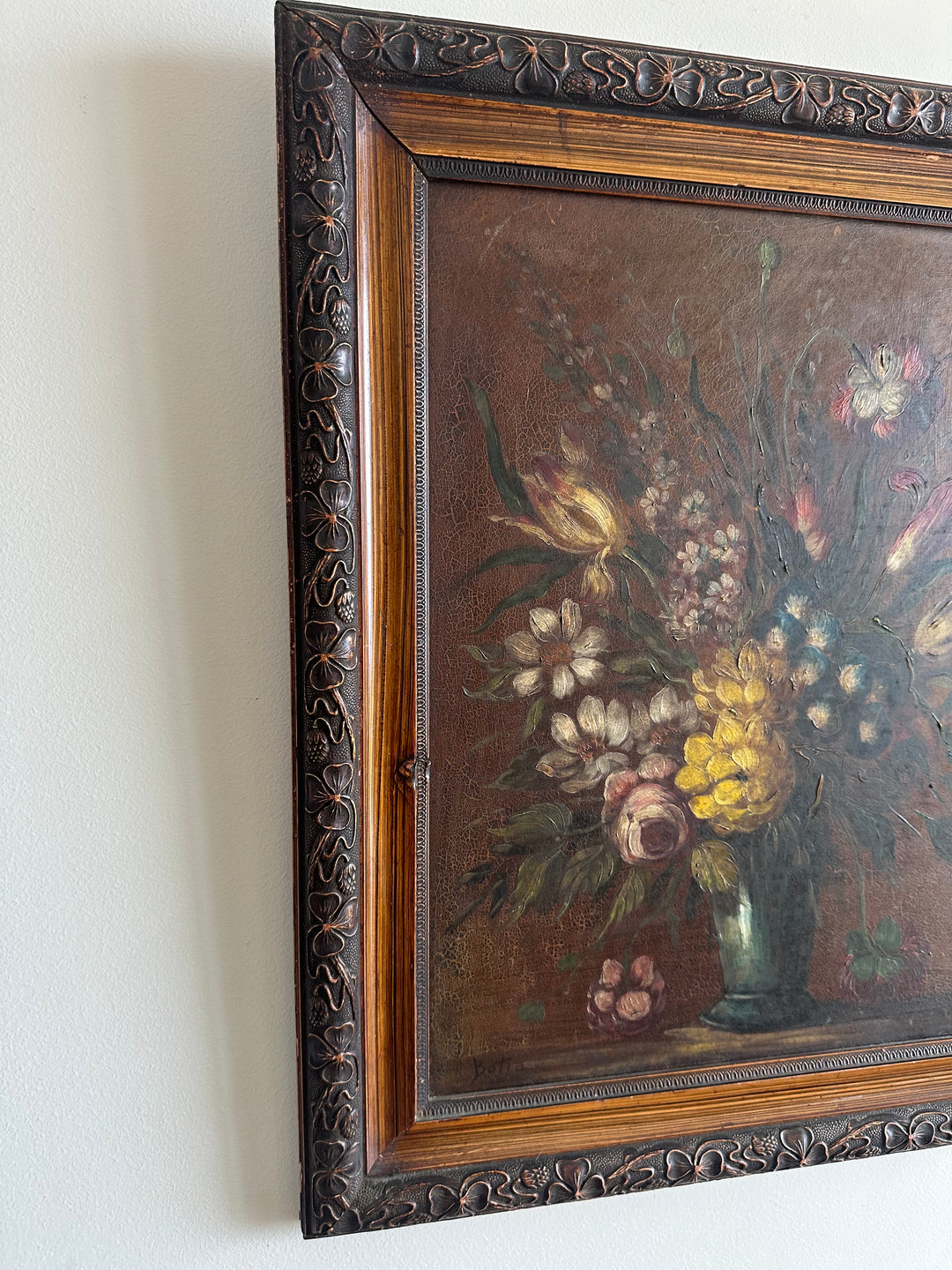 Peinture sur toile bouquet de fleurs encadrée signée années 1900 taille XL