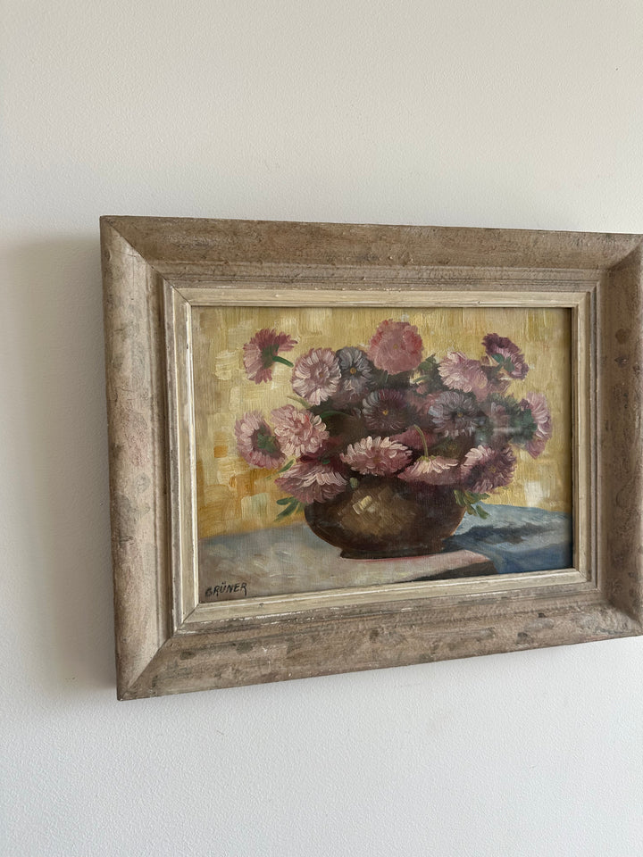 Peinture signée Gruner bouquet de fleurs mauves sur toile